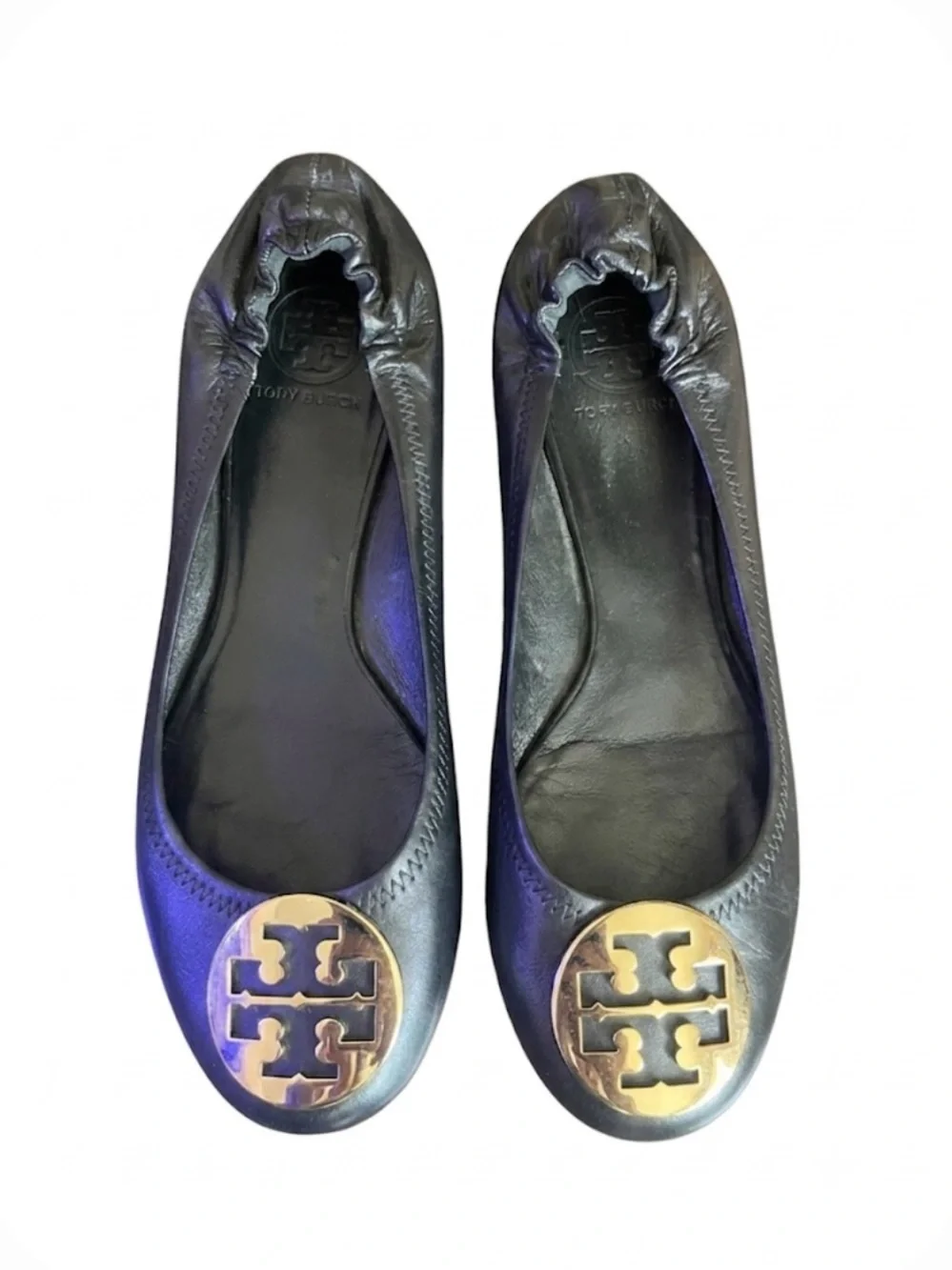 Tory Burch Black Leather Ballet Flats with Gold Logo